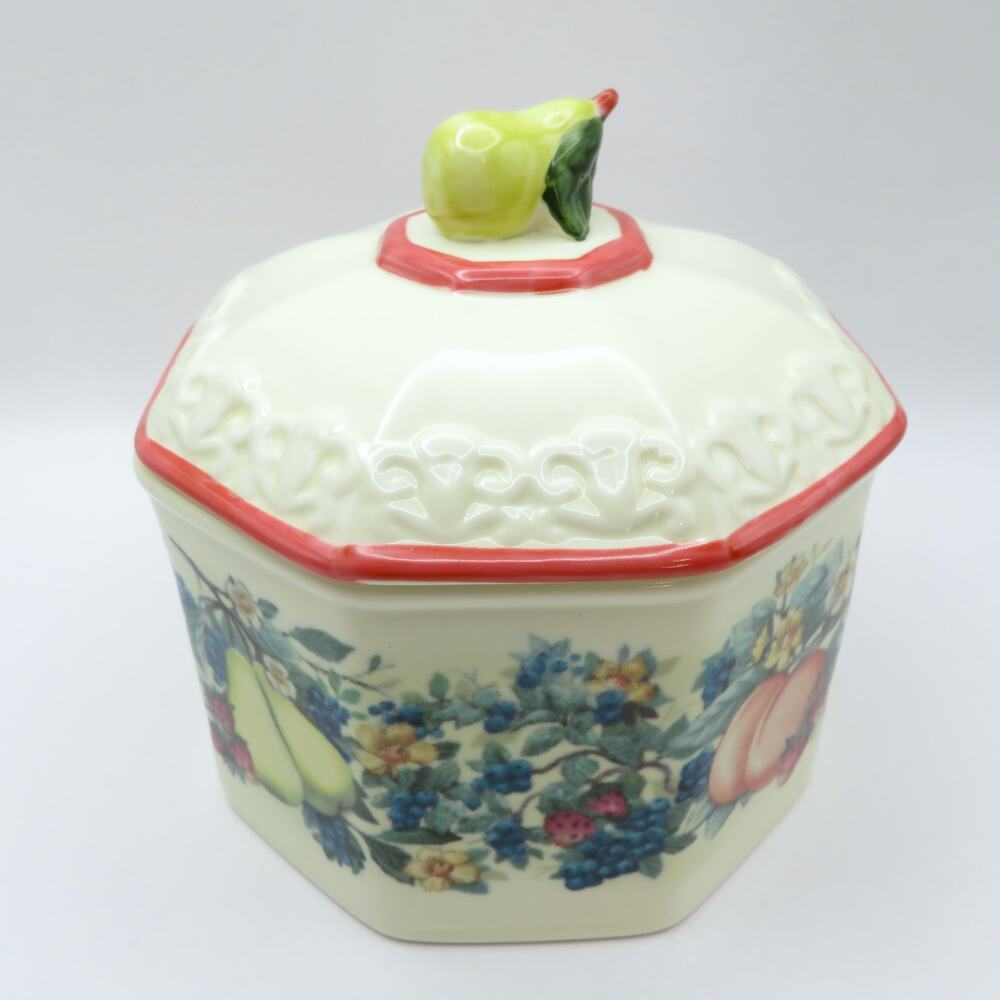 Vintage Avon Sweet Country Harvest Ceramic Covered Small Canister w/ Pear Finial